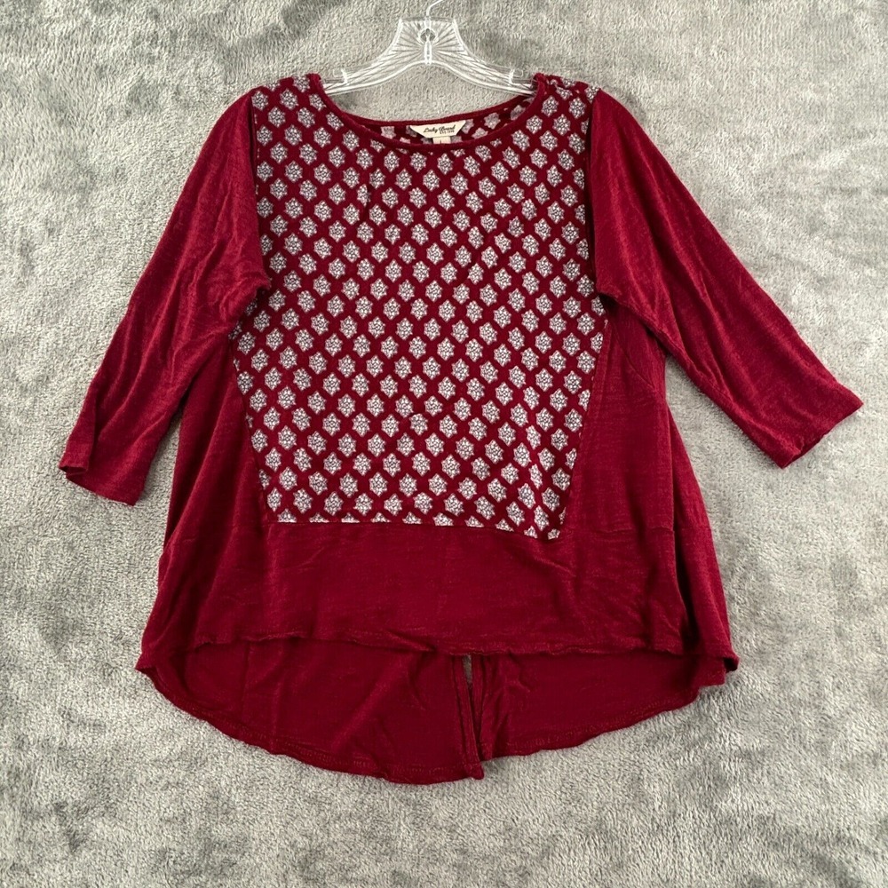 Lucky Brand Pullover Top Womens L Red Slub Knit 3/4 Sleeve Split Back